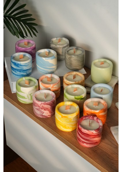 Azure Calm %100 Soya Wax Odun Fitilli Mavi Mermer Desen Dekoratif Mum fırsatları