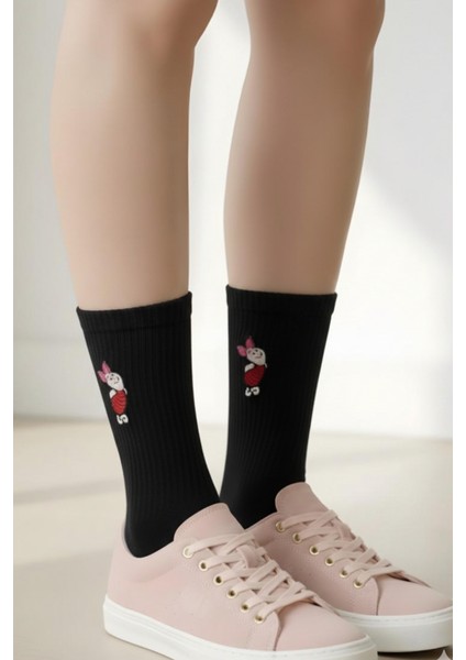 Piglet Nakışlı Yazlık Kışlık Pamuklu Sevimli Siyah Soket Çorap