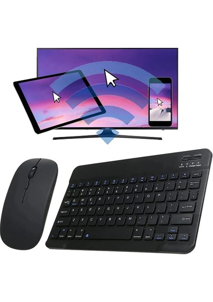Kablosuz Bluetooth Şarjlı Tablet Telefon Pc Uyumlu Klavye Mouse Seti Ultra Ince Taşınabilir Siyah Renk
