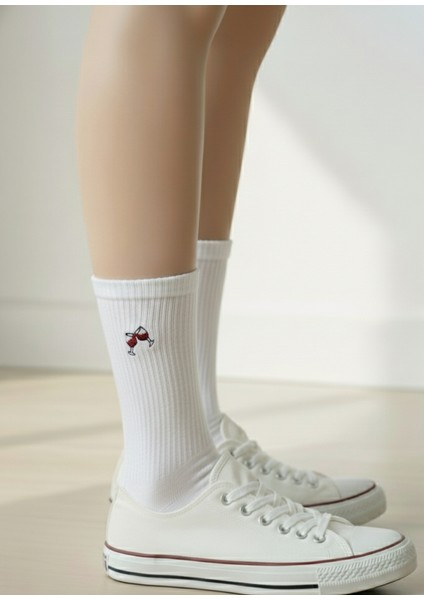 Kırmızı Şarap Kadehi Nakışlı Casual Yazlık Kışlık Tekli Çorap