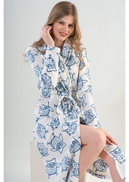 Kadın Polar Şal Yaka Sabahlık – Baykuş Desenli Beyaz Model C8T2N0102