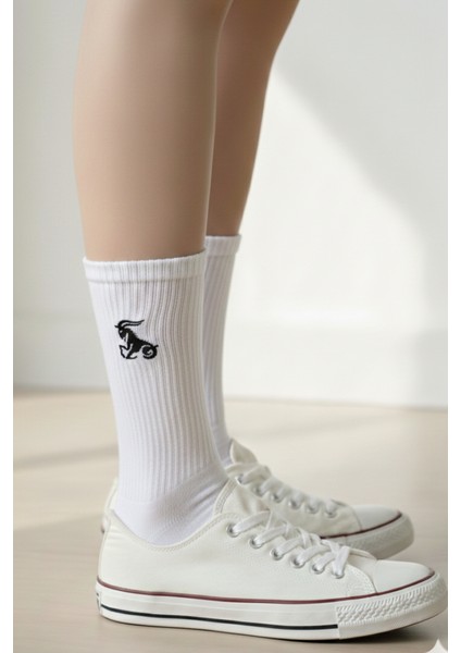 Oğlak Burcu Nakışlı Astrolojik Casual Yazlık Kışlık Pamuklu Unisex Siyah Beyaz 2 Çift Çorap Seti modelleri