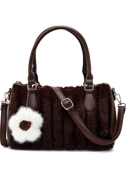 Kadın Kahverengi Uzun Askılı Aksesuarlı Peluş Omuz Çantası 25WBD2673PH
