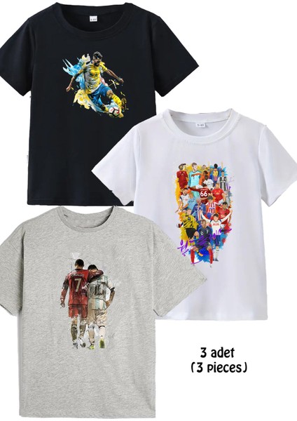 3lü Pamuk Penye Erkek Çocuk Baskılı Tshirt Tişört 5 6 7 8 9 10 11 12 13 14 Yaş Futbol