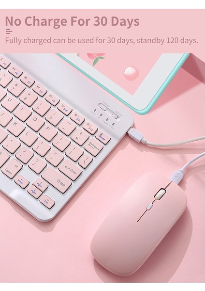 Kablosuz Bluetooth Şarjlı Tablet Telefon Pc Uyumlu Klavye Mouse Seti Ultra Ince Taşınabilir Pembe Renk fiyatları