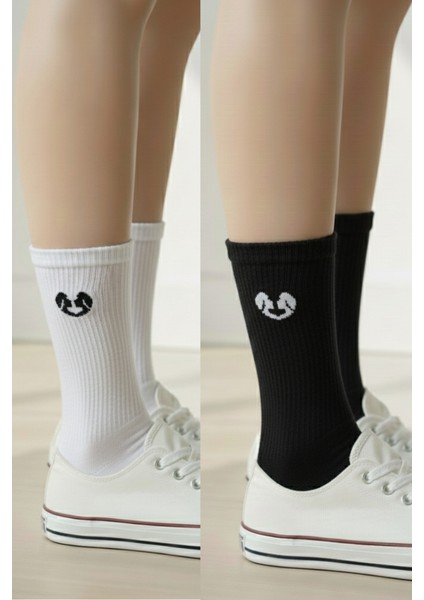 Ikizler Burcu Nakışlı Pamuklu Yazlık Kışlık Hava Alan Siyah Beyaz 2 Çift Soket Çorap Seti