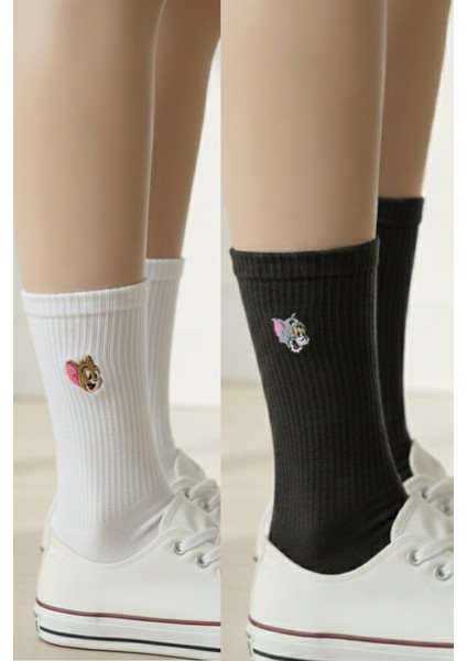 Unisex Tom ve Jery Nakışlı Pamuklu Yazlık Kışlık Siyah Beyaz Eğlenceli Jerry Soket Çorap Seti
