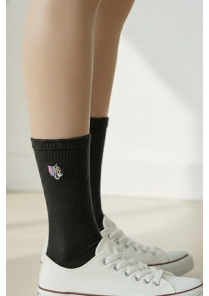 Unisex Tom ve Jery Nakışlı Pamuklu Yazlık Kışlık Siyah Beyaz Eğlenceli Jerry Soket Çorap Seti modelleri