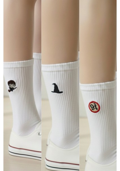 Harry Potter Nakışlı Koleksiyonluk Pamuklu Beyaz Yazlık Kışlık 3 Çift Soket Çorap Seti