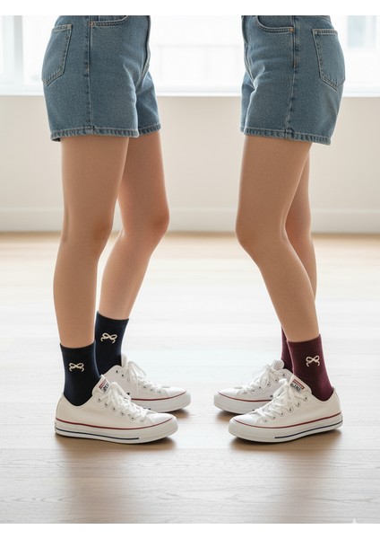 Renkli Fiyonk Kurdele Nakışlı Yazlık Kışlık Kadın Pamuklu Casual 2 Çift Anneler Günü Çorap Seti