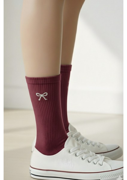 Renkli Fiyonk Kurdele Nakışlı Yazlık Kışlık Kadın Pamuklu Casual 2 Çift Anneler Günü Çorap Seti modelleri