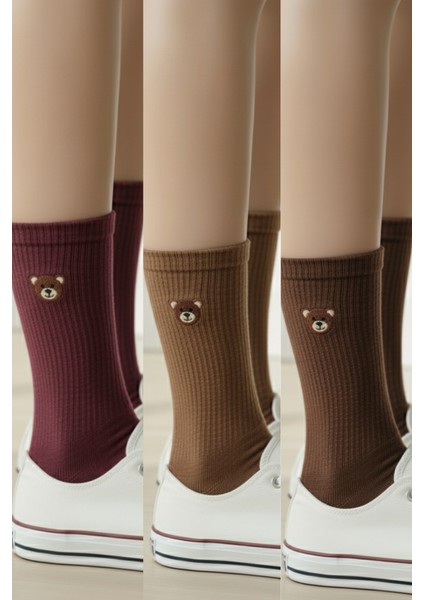 Ayı Tedy Nakışlı Sevimli Yazlık Kışlık 3 Renk Unisex 3 Çift Soket Çorap Seti