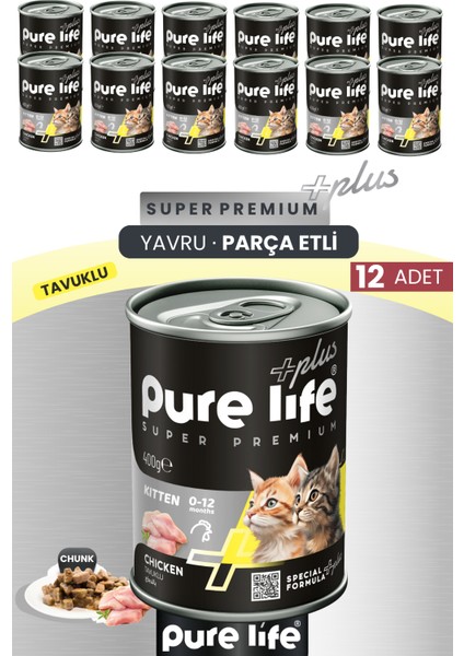 Plus 12'li Tavuklu Yavru Puppy Kedi Konserve Chunk Parça Etli Yaş Mama 400 gr