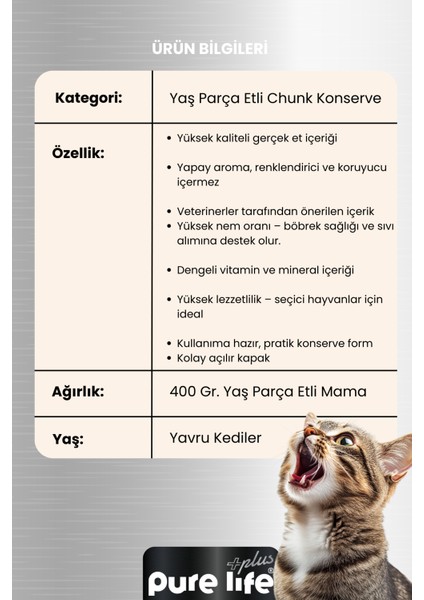 Plus 12'li Tavuklu Yavru Puppy Kedi Konserve Chunk Parça Etli Yaş Mama 400 gr fırsatları