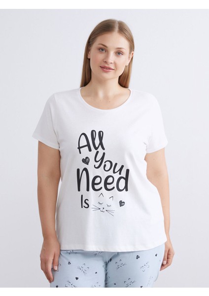 Hilfa Yeni Sezon Büyük Beden Bisiklet Yaka Baskılı Kadın Pijama Takımı