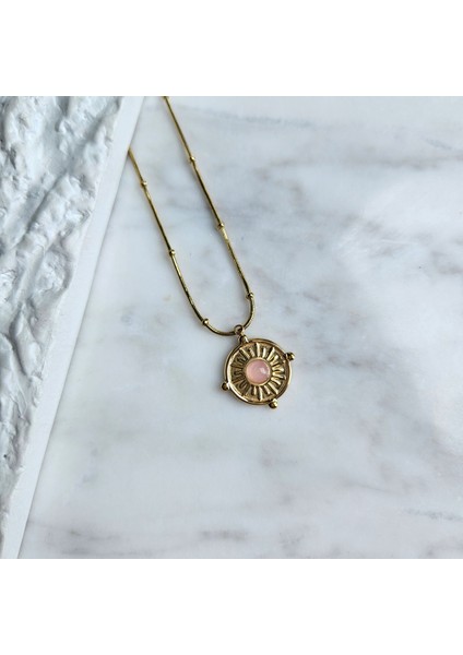 Pembe Taşlı Zarif Vintage Çelik Kolye fiyatları