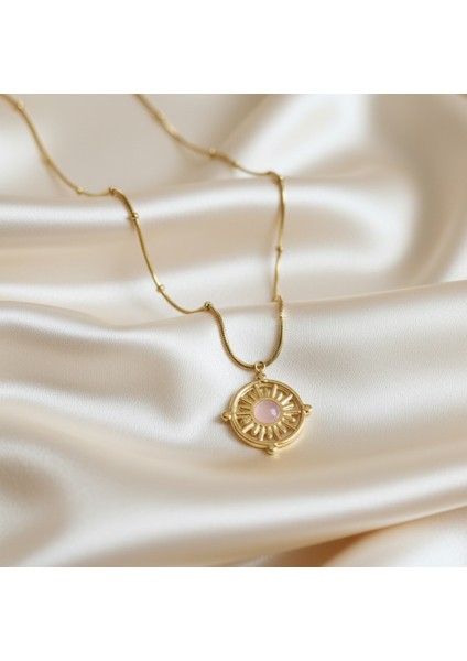Pembe Taşlı Zarif Vintage Çelik Kolye modelleri
