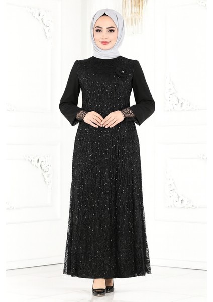 Şifon Pul Payetli Tesettür Abiye Siyah fiyatları