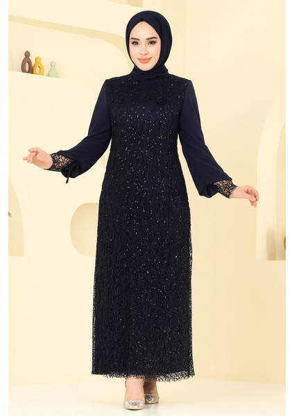 Şifon Pul Payetli Tesettür Abiye Lacivert fiyatları