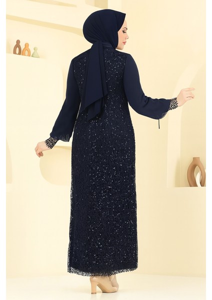 Şifon Pul Payetli Tesettür Abiye Lacivert modelleri