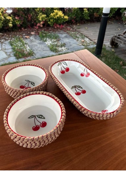Kiraz Desenli Hasır Görünümlü 3’lü Sunum Seti – Doğal ve Dekoratif Sunum Takımı – Kırmızı Renk