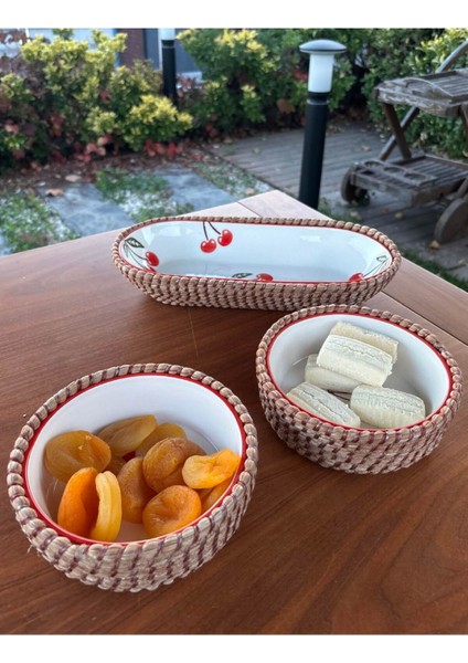 Kiraz Desenli Hasır Görünümlü 3’lü Sunum Seti – Doğal ve Dekoratif Sunum Takımı – Kırmızı Renk fiyatları