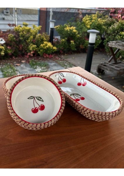 Kiraz Desenli Hasır Görünümlü 3’lü Sunum Seti – Doğal ve Dekoratif Sunum Takımı – Kırmızı Renk indirimleri