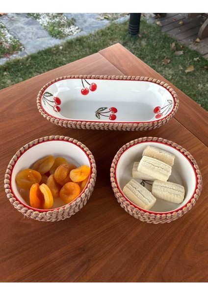 Kiraz Desenli Hasır Görünümlü 3’lü Sunum Seti – Doğal ve Dekoratif Sunum Takımı – Kırmızı Renk