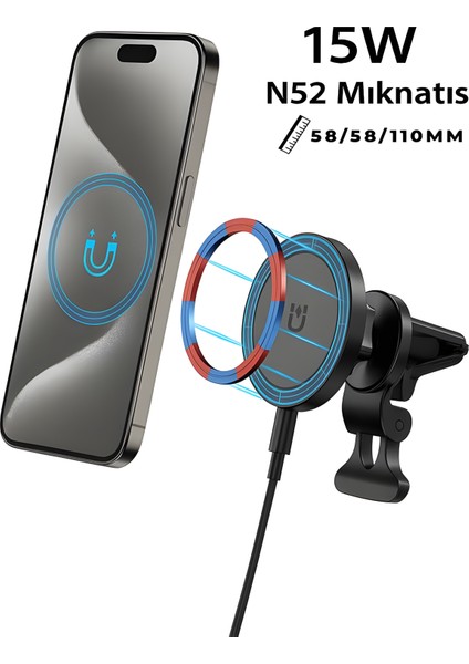 Fhd-14 360° Wireless Kablosuz 15W Şarj Mıknatıslı Havalandırma Için Araç Içi Telefon Tutucu
