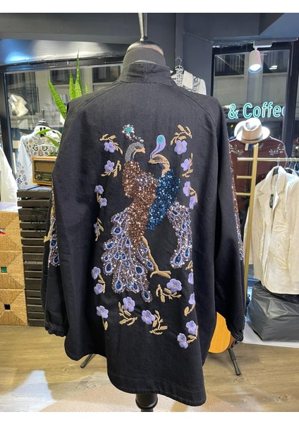 Kadın Kuşlu Taş Işlemeli Pamuk Nakışlı Kimono