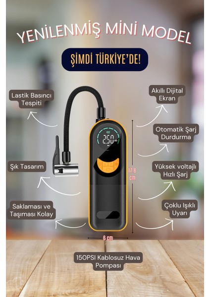 Airslim Mini Taşınabilir Şarjlı Araba Hava Kompresörü LED Işıklı Oto Araç Lastik Top Şişirme Pompası fiyatları