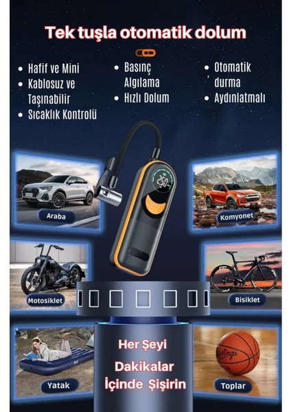 Airslim Mini Taşınabilir Şarjlı Araba Hava Kompresörü LED Işıklı Oto Araç Lastik Top Şişirme Pompası modelleri