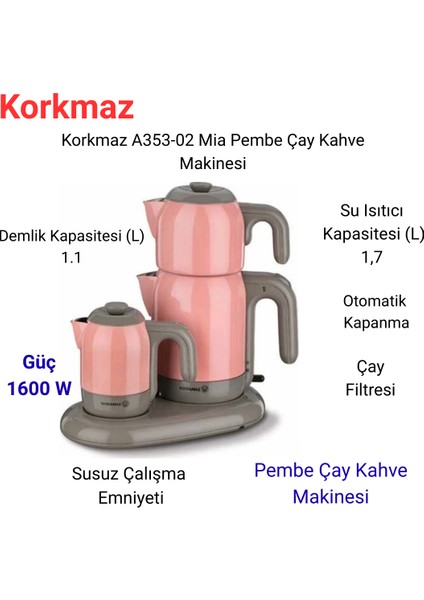 A353-02 1600 Watt Mia Çay ve Kahve Makinesi Pembe 1,7 Lt