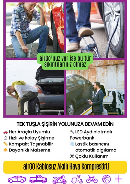 Airgo Taşınabilir Şarjlı Araba Hava Kompresörü Powerbank LED Işıklı Araç Lastik Top Şişirme Pompası modelleri