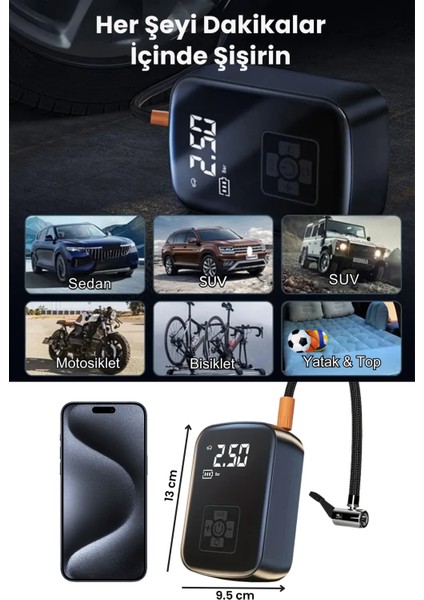 Airgo Taşınabilir Şarjlı Araba Hava Kompresörü Powerbank LED Işıklı Araç Lastik Top Şişirme Pompası