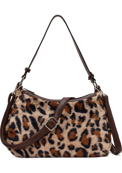 Kadın Leopar Uzun Askılı Peluş Omuz Çantası 25WBD2672PH