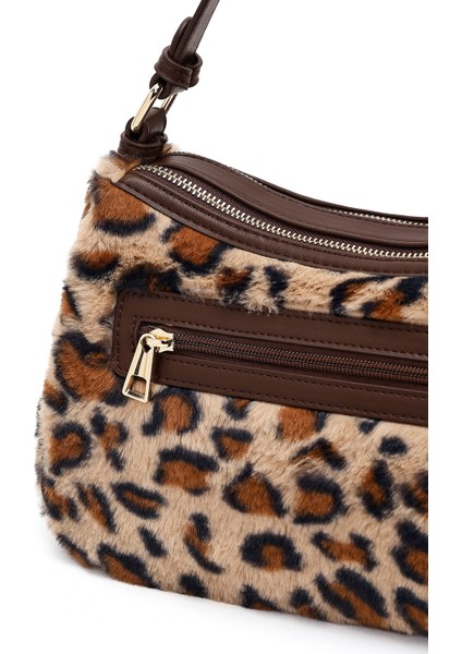Kadın Leopar Uzun Askılı Peluş Omuz Çantası 25WBD2672PH