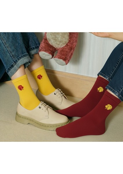 Taraftar 2 Çift Sarı Kırmızı Aslan Nakışlı Casual Yazlık Kışlık Unisex Soket Tenis Taraftar Çorap