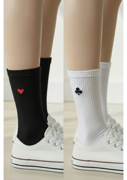 Iskambil Karo Maça Nakışlı Siyah Beyaz Unisex Yazlık Kışlık 2 Çift Çorap Seti