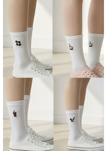 Kahve Seti Minimal Nakışlı Yazlık Kışlık Unisex 4 Çift Beyaz Soket Çorap Seti