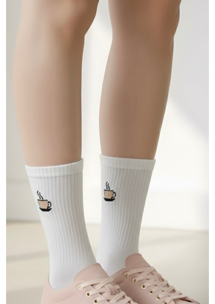 Kahve Seti Minimal Nakışlı Yazlık Kışlık Unisex 4 Çift Beyaz Soket Çorap Seti fiyatları