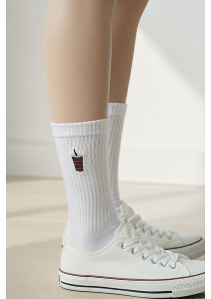Kahve Seti Minimal Nakışlı Yazlık Kışlık Unisex 4 Çift Beyaz Soket Çorap Seti fırsatları