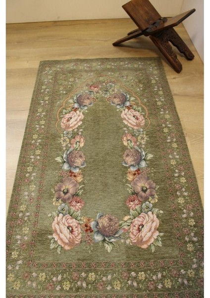 Kınay Nefti Yeşil Jakarlı Dokuma Goblen Dekoratif Astarsız Saçaksız Şönilli Seccade 70*115