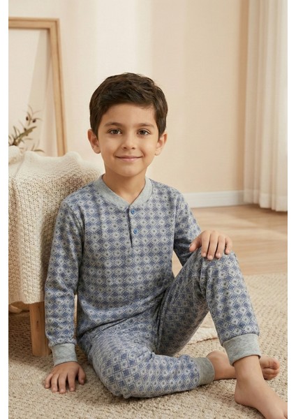 Pamuklu 2 Iplik Şardonlu Manşetli Düğmeli Yaka Erkek Çocuk Pijama Takımı