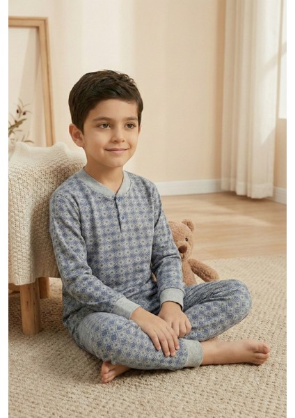 Pamuklu 2 Iplik Şardonlu Manşetli Düğmeli Yaka Erkek Çocuk Pijama Takımı modelleri