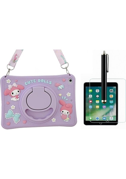 Apple iPad 10.nesil 10.9 Inç A2696 A2757 Uyumlu Cute Dolls Askılı Standlı Tablet Kılıfı+Tablet Kalemi+Kırılmaz Cam Ekran Koruyucu