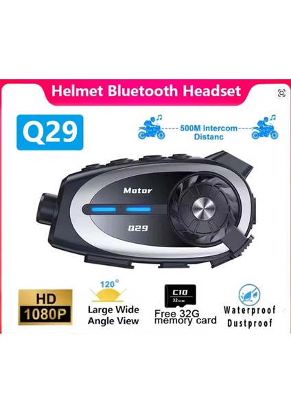 Q29 Motosiklet Kask Bluetooth Kulaklık Eşleşmeli 1080P Kamera Geniş Açı Su Geçirmez Intercom
