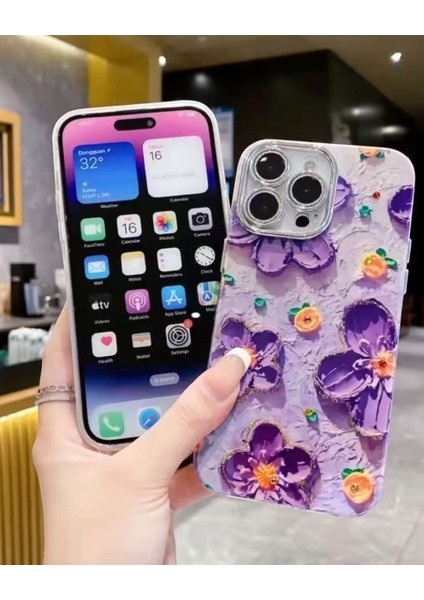 Iphone Uyumlu Taşlı Lens Koruyuculu Mor Çiçek Desenli Kılıf
