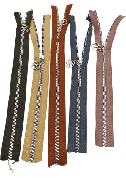 Başlıklı Fermuar Set 30 cm Gümüş Metal 5 Adet (Haki ,bej, Taba, Gri, Vizon)