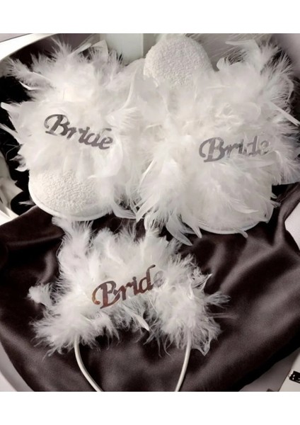 Bride Beyaz Tüylü Gelin Terliği ve Tacı